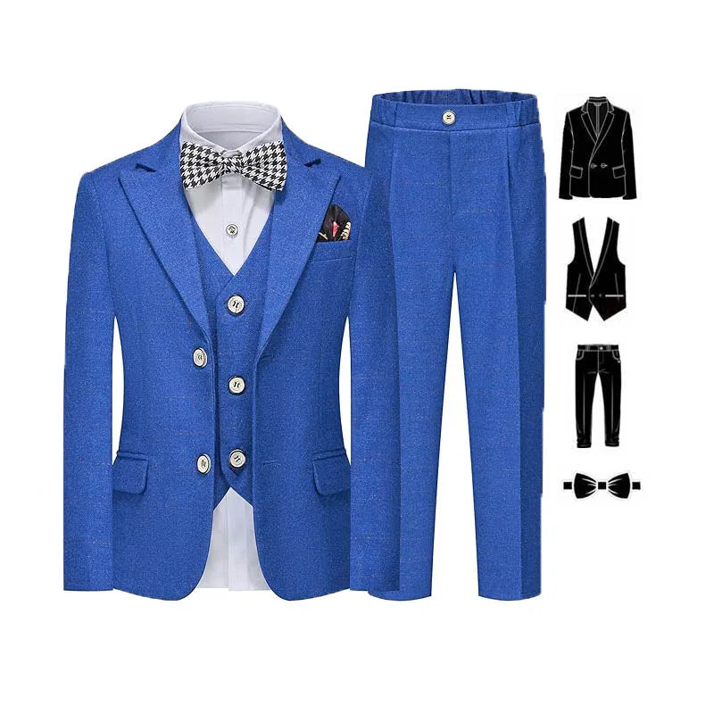 Gentleman Kids Blue 4Piece/Set Jacket Vest Pants Bowtie Photograph Suit Boys Piano Dress Children Graduation Performance Costume