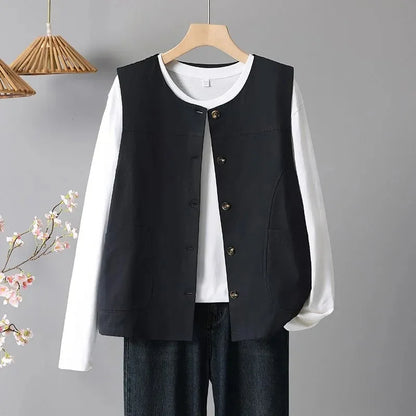 Spring Femme Fashion Vest Outwear Retro Ladies Solid Color Casual Sleeveless Jacket Autumn Women Round Neck Loose Waistcoat Coat