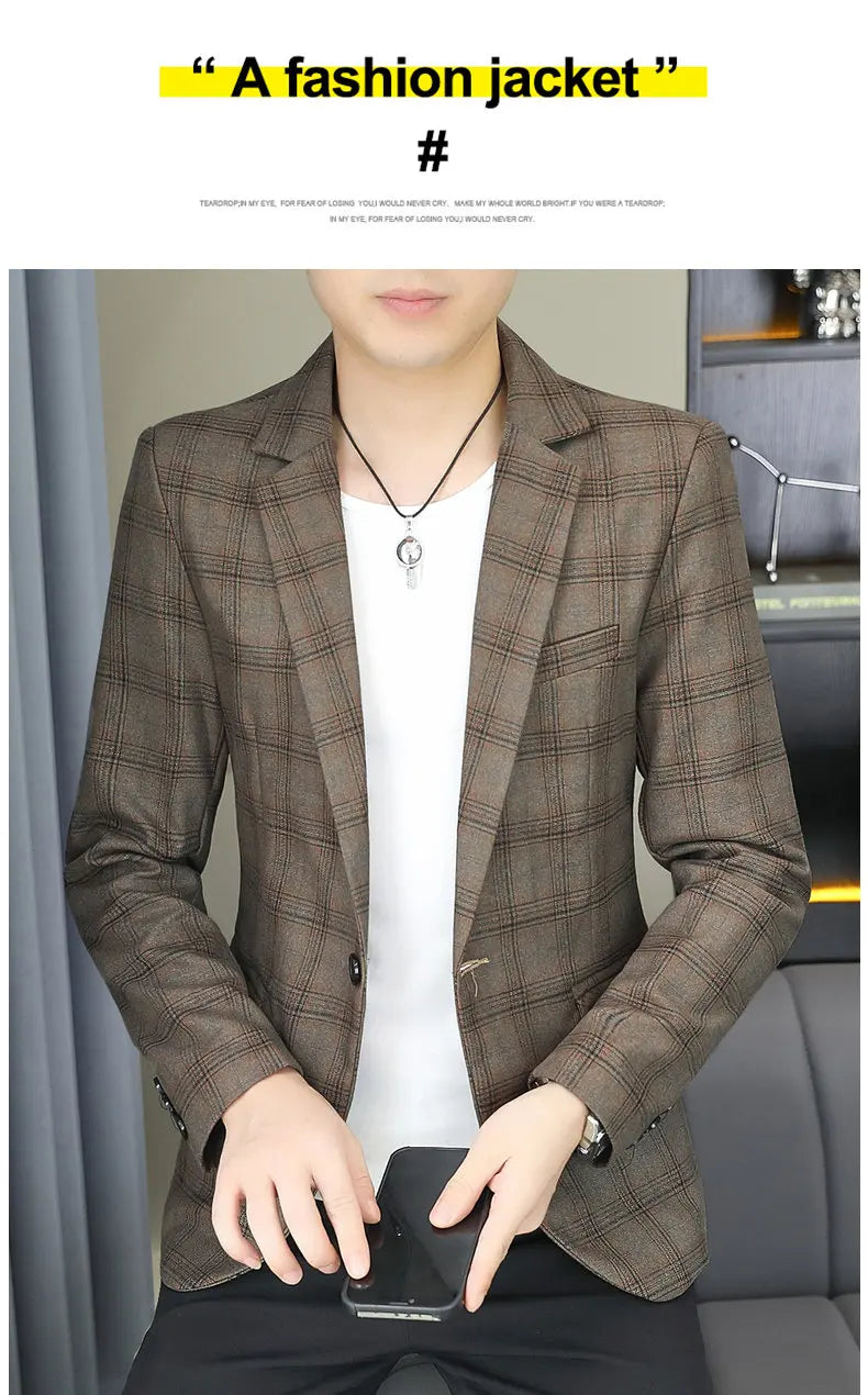 2026 Blazer Outdoor men's checked fashion business trend Wedding Slimming Gentleman Casual Korean travel high formal Wear Blazer