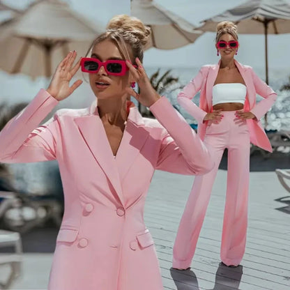 2 Piece Pink Ladies Suits Elegant Double Breasted Peak Lapel Outfit Casual Slim Daily Prom Party Women Suits Jacket+Pant