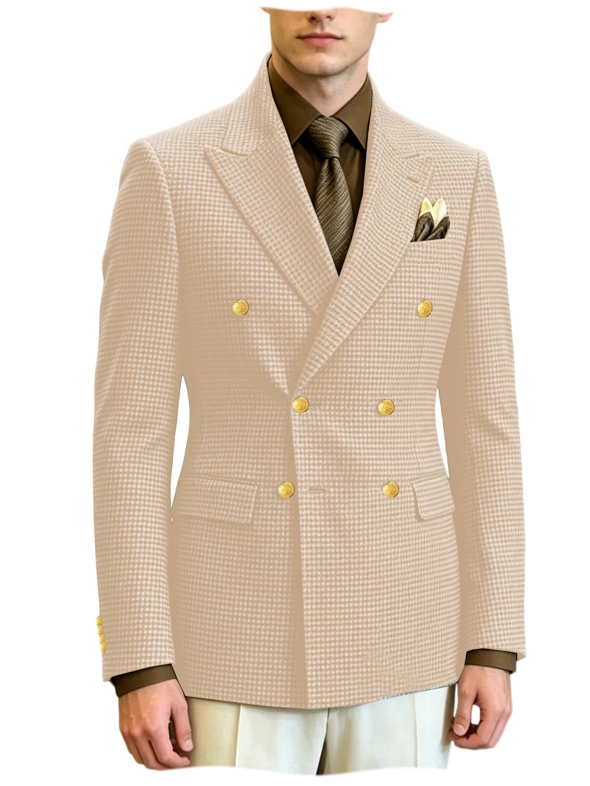 Men's Houndstooth Double Breasted Blazer Vintage Slim Jacket  Fit Formal Business Wedding Party Coat For Men Autumn Winter