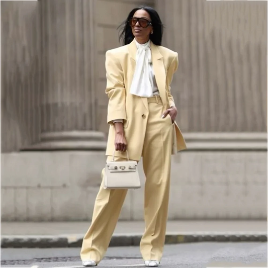 Solid Color Professional Suit For Women Oversized Chic Single Button Peak Lapel Two Pieces Business Outfit Formal Blazer Set