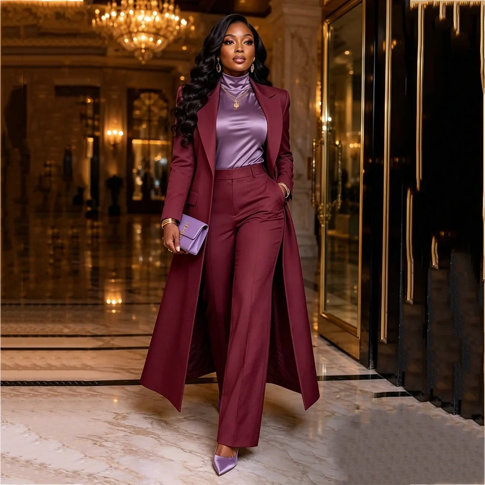 Luxury Women Suit Long Blazer Pants Stylish Notched Lapel Slim Fit Formal Business Party Evening Outfit Office Wear High Quality