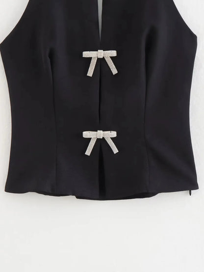Rhinestone Bow Halter Top Women Off Shoulder White Crop Top Woman Party Backless Sexy Tops Summer Cut Out Short Black Top