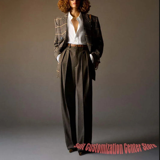 Elegant Women's Suit Brown Houndstooth 2Piece Double Breasted Peaked Lapel Blazer Vintage Winter Office Wear Daily Casual Outfit