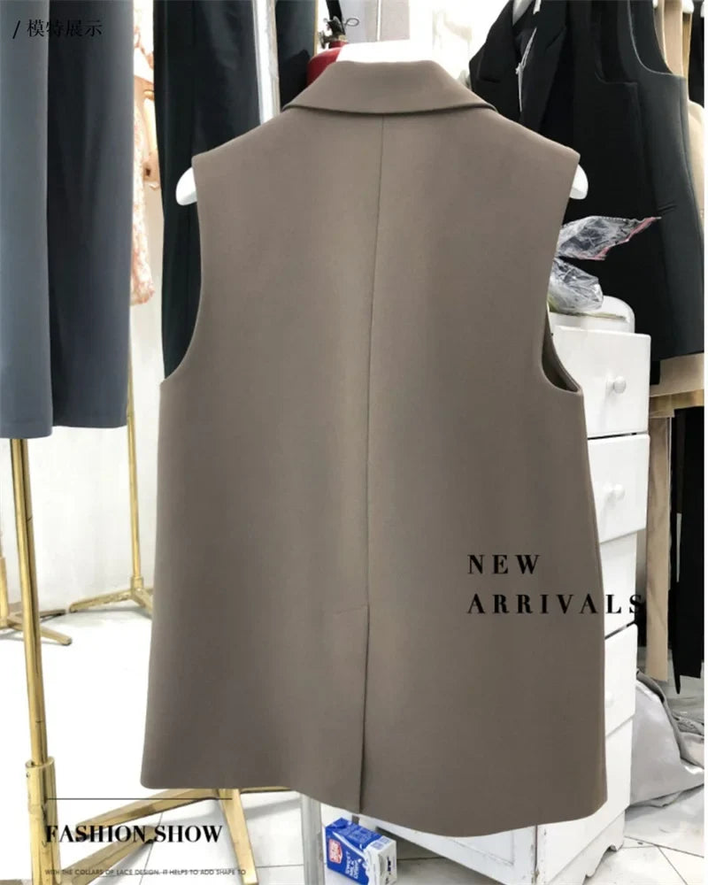 New Korean Women Loose Black Vest Suit Jacket Female Spring Autumn Leisure Solid Color Sleeveless Waistcoat Cardigan Vest Coat