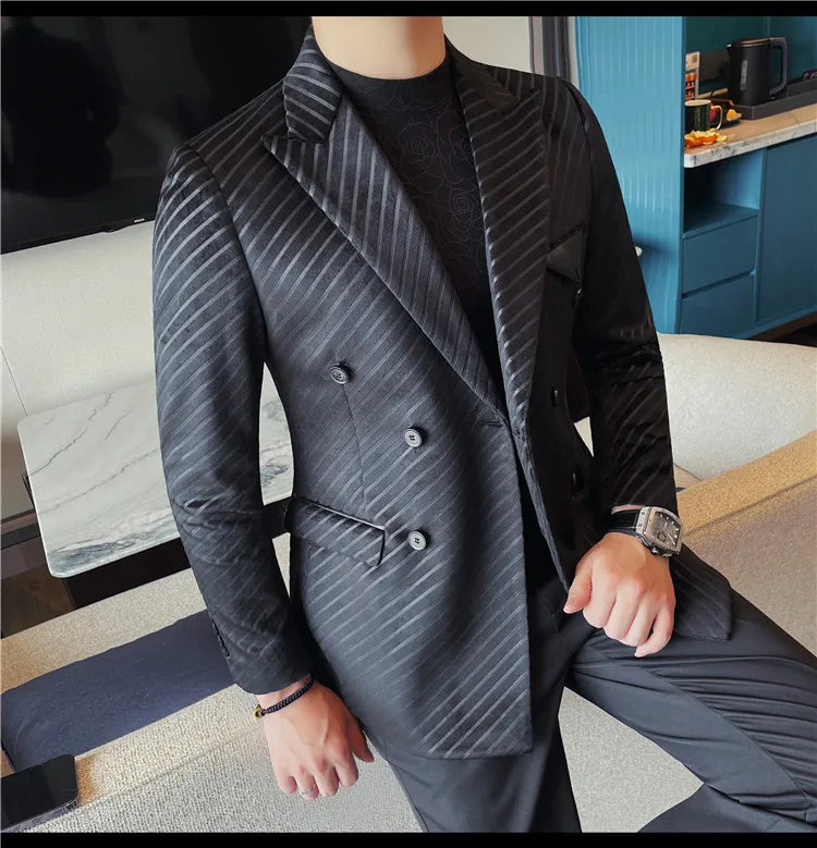 British Style Double Breasted Suit Jacket Men Striped Casual Business Blazers High Quality Wedding Social Banquet Dress Coats