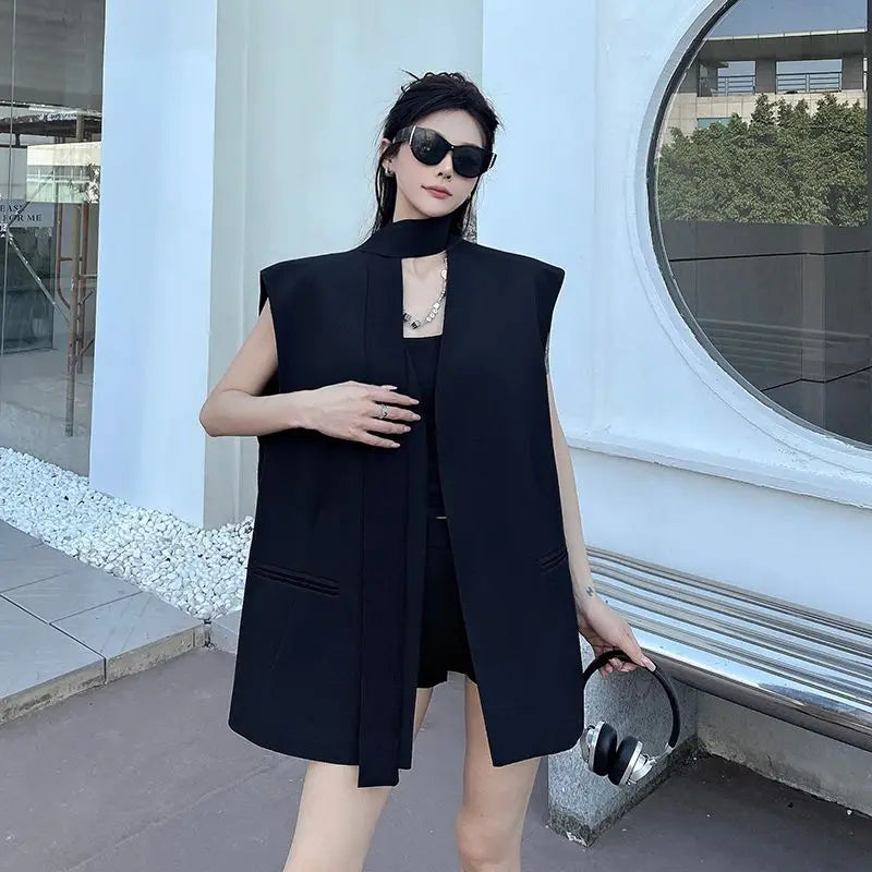 Women Black Blazer Vest Spring Autumn Casual Sleeveless Suits Jacket Female Korean All-Match Blazers Waistcoat Loose Outwear Top
