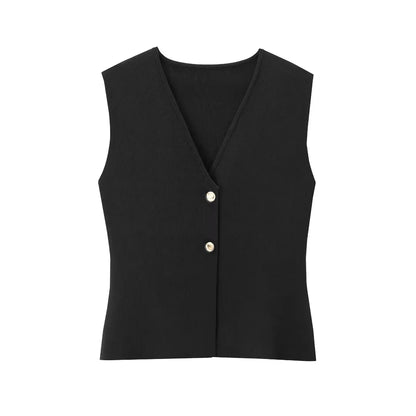 Cropped Knit Vest For Women Spring Sleeveless Vest Woman Fashion Slim Black Vest Elegant Solid Knitted Sweater Vests Top