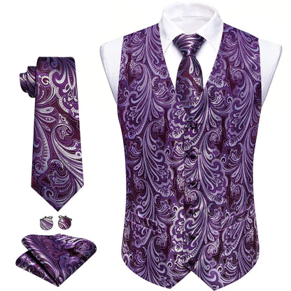 Men's Suit Vest 4-Piece Set – Black Glossy Floral Jacquard Waistcoat for Wedding & Formal Occasions