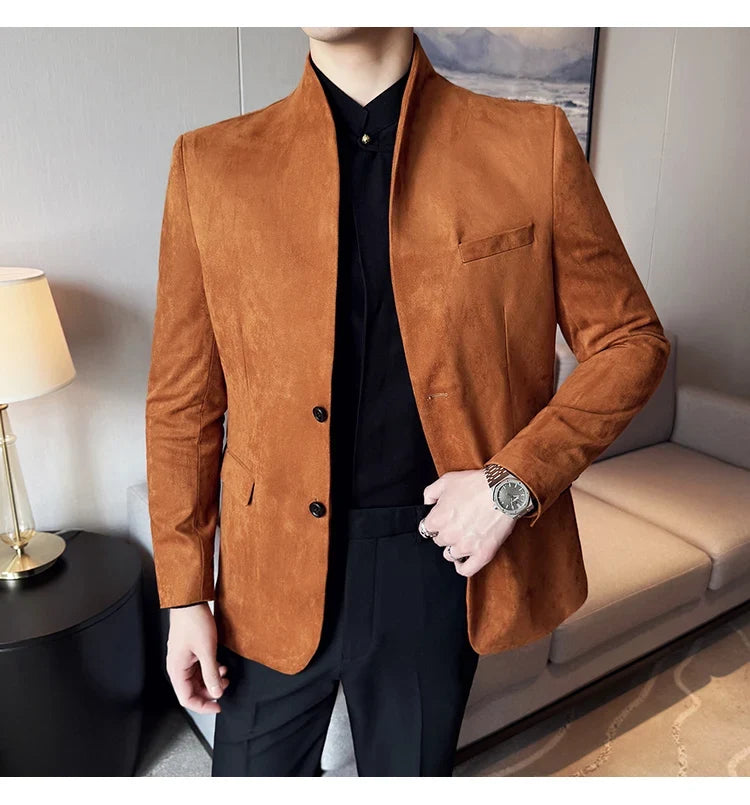 High Quality Cowhide Suede Suit Coats Men Fashion Slim Fit Stand Up Collar Business Casual Jacket Formal Groom Social Tuxedos