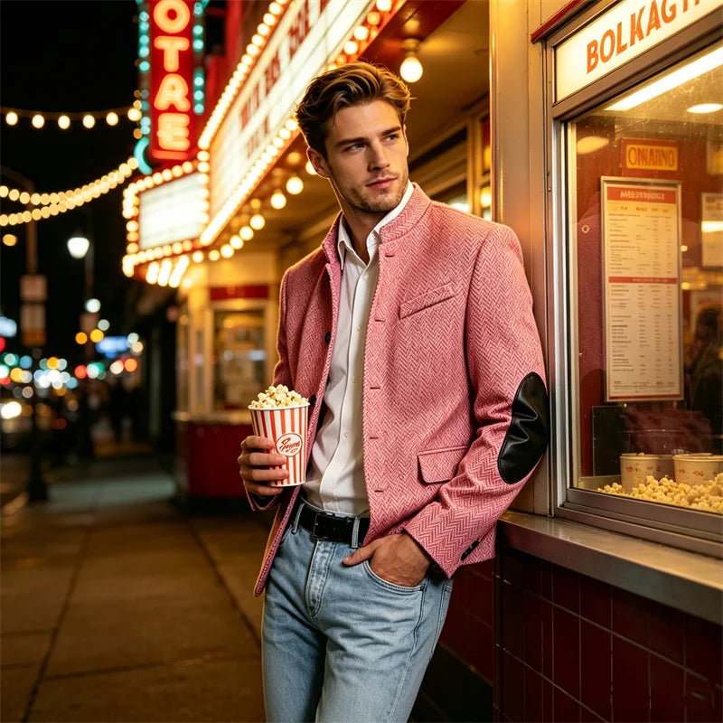 Men's Herringbone Tweed Blazer With Elbow Patches Retro Stand Collar Jacket Slim Fit Daily Party Business Casual Sport Coat ﻿