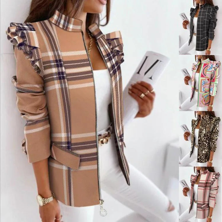 Autumn Winter Long Sleeve Print Blouse Women's Slim Fit Suit Jacket with Lace Hem Zipper Closure Fashionable Elegant Style