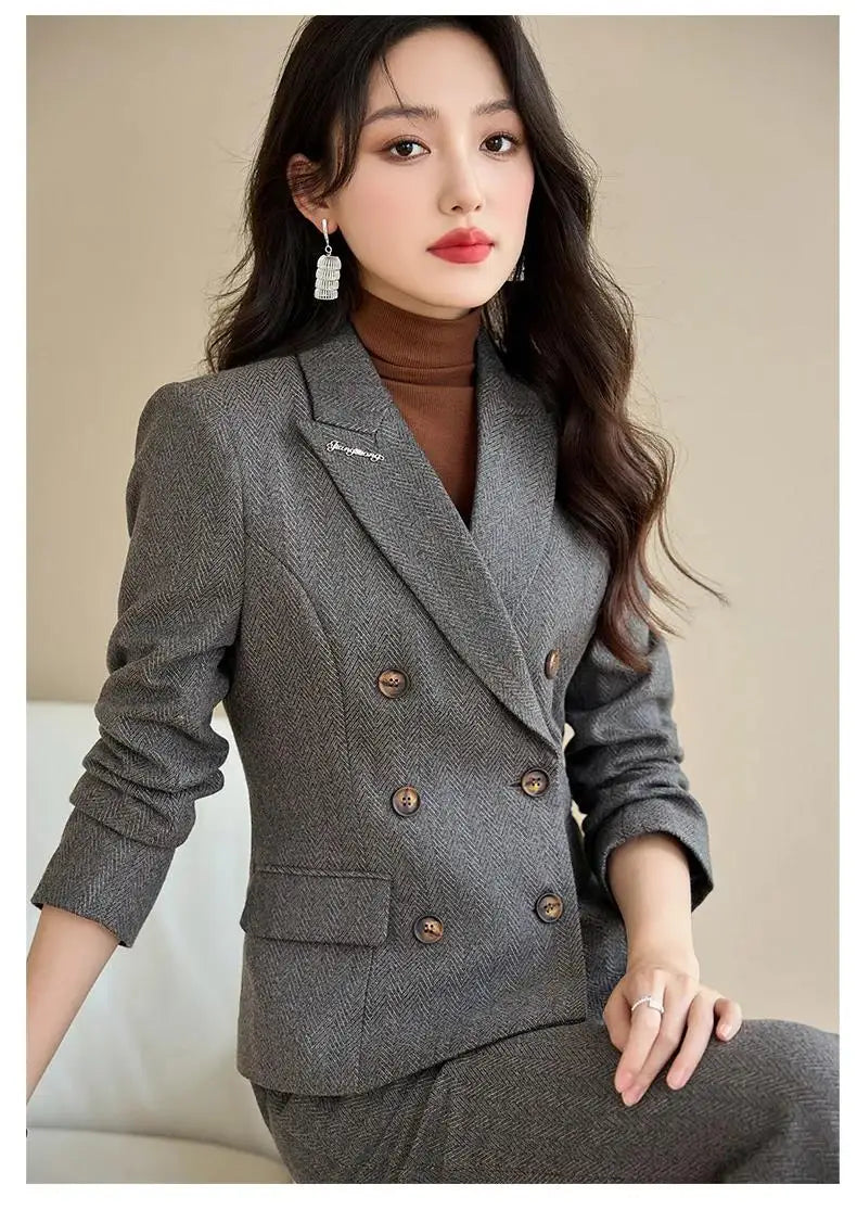 Elegant Lady Wide Leg Pant Sets for Women 2 Pieces Blazer Suit Double Breasted Jacket Trousers Outfit Female Autumn Winter