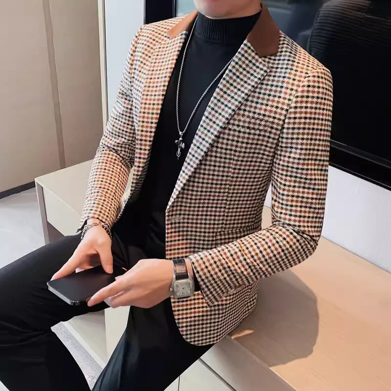 Brand Spring Plaid Men Blazers Business Casual Suit Jacket Men Clothing High-quality Streetwear Social Wedding Groom Dress Coat
