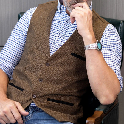 Men's Herringbone Tweed Vest Single Button V-Neck Waistcoat for Weddings and Formal Occasions
