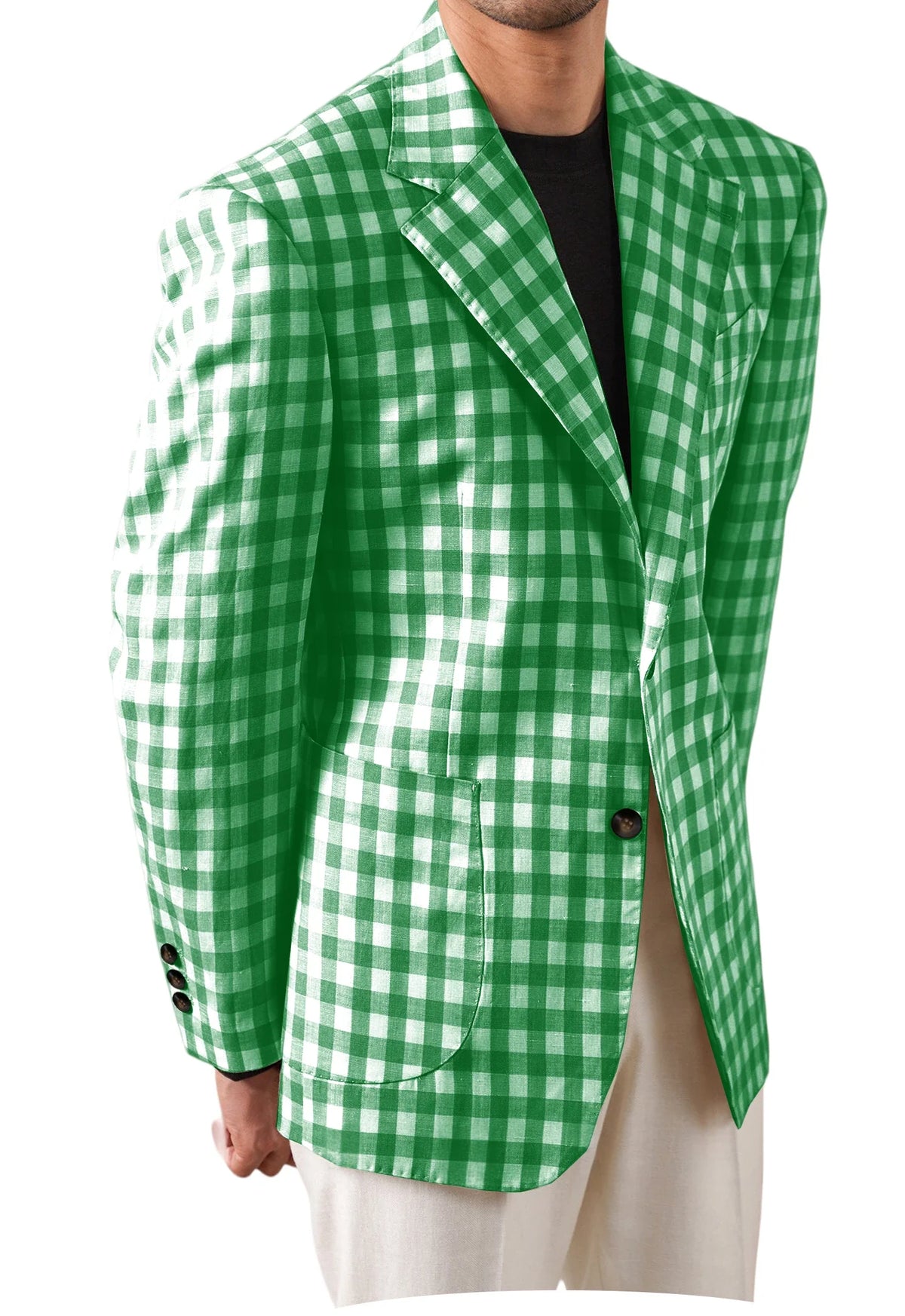 Men's Checkered Cotton Blazer Notched Lapel Single-Breasted Casual Business Summer Sport Coat with Patch Pockets
