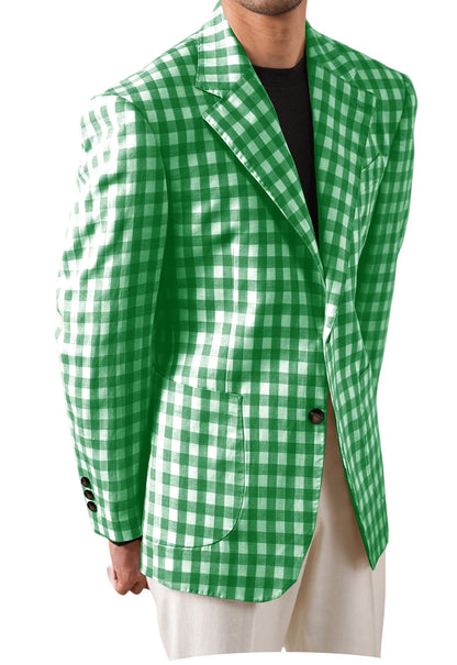 Men's Checkered Cotton Blazer Notched Lapel Single-Breasted Casual Business Summer Sport Coat with Patch Pockets