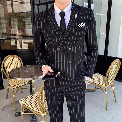 2 Pieces Stripe Fit Business Korean Edition Vertical Double Breasted Suit Men's Suit Homme Slim Wedding Banquet Set of