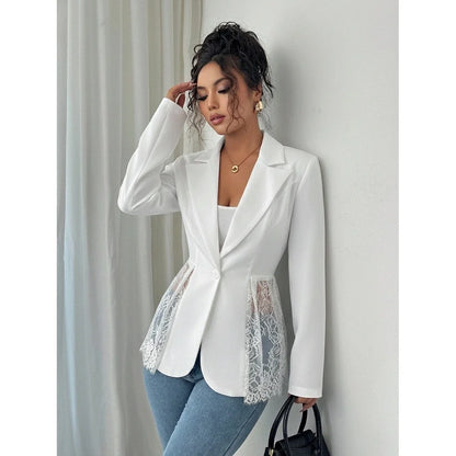 Elegant Style Women's Suit Jacket A-Line Silhouette Lace Waist Color Block Autumn New Arrival Fashion Outerwear