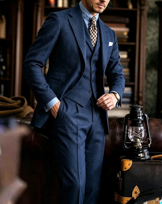 Retro Herringbone Tweed Wool Blend Men’s 3PC Suits (Jacket+Pants+Vest) for Business Wedding Prom Party Travel Dinner Banquet