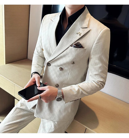 (Jacket+Pants)Luxury Checkered Double Breasted Suit  2 Pieces Fashion Business Slim Fit Social   Formal Suit Evening Dress 5XL-M