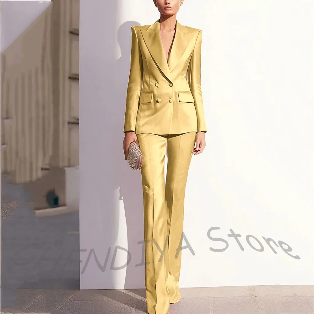 Luxury Satin Women Pants Suit Tailored Business Attire Dusty Rose 2 Piece Peak Lapel Straight Formal Outfit Daily Office Set