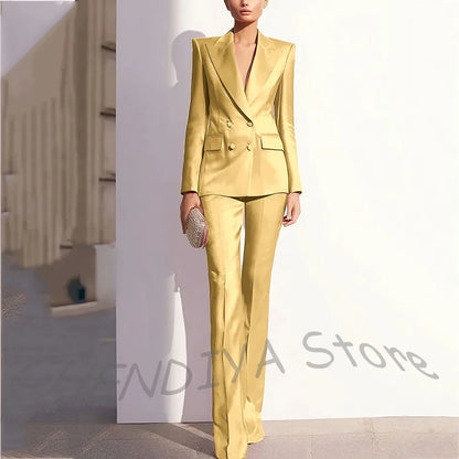 Luxury Satin Women Pants Suit Tailored Business Attire Dusty Rose 2 Piece Peak Lapel Straight Formal Outfit Daily Office Set