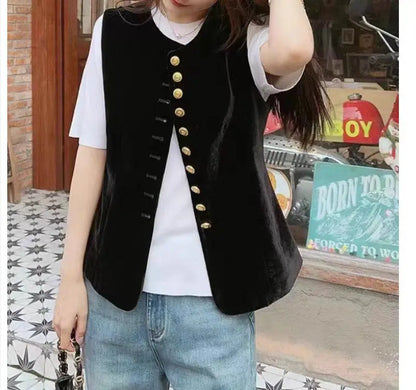 2025 Autumn Winter Chinese Style Velvet Vest Jacket Women's Sleeveless Coat Versatile Slim Lady Retro Waistcoat Outwear