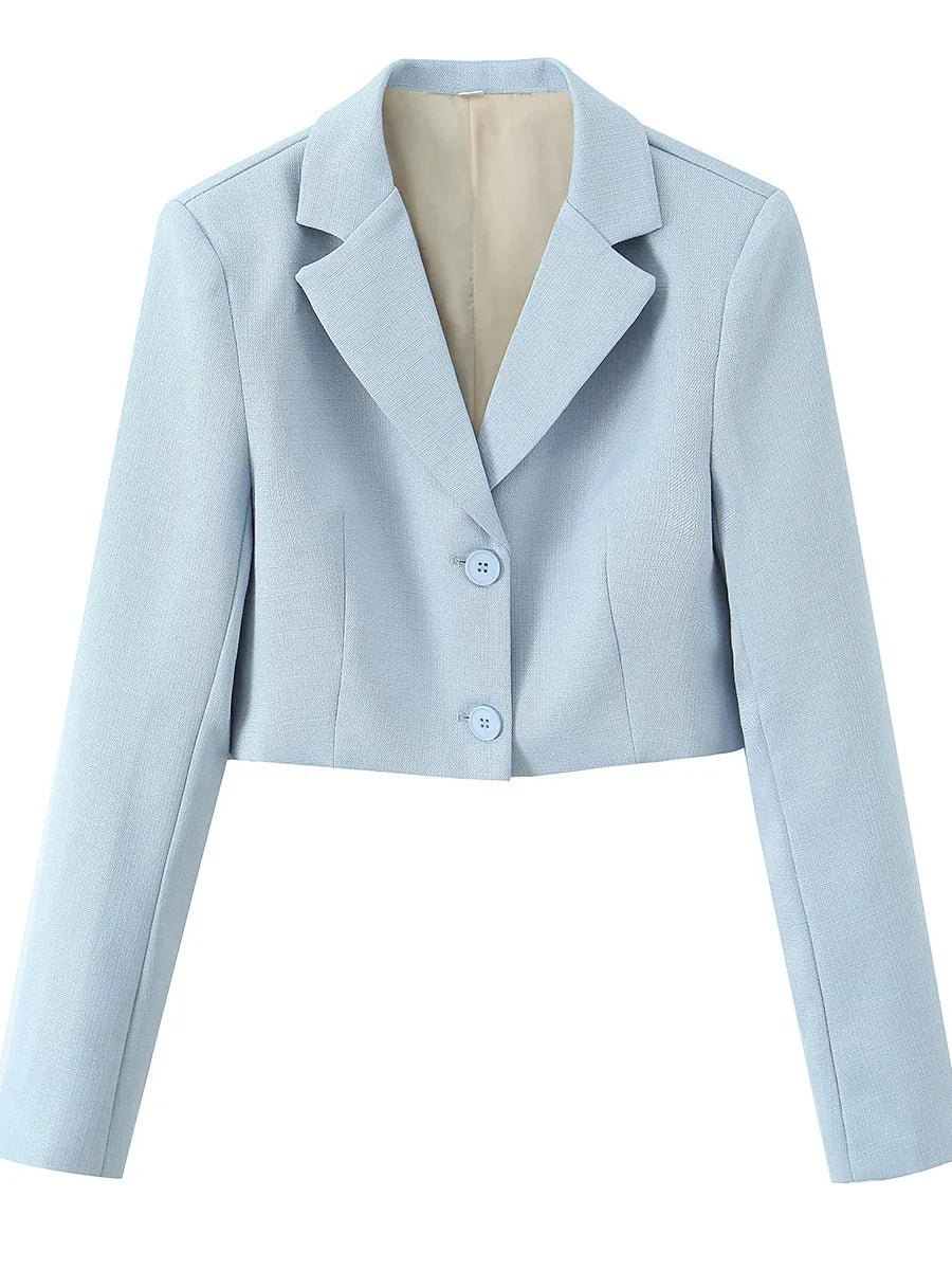 Spring Commuter Style Short Blue Suit Jacket Women's Fashionable Versatile Single Button Flip Collar Top Thin Long Sleeve