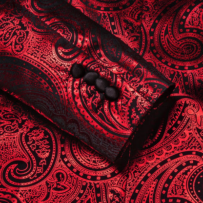 Red Paisley Jacquard Mens Tuxedo Blazer, Black Satin Shawl Lapel Single Button Slim Suit Jacket for Wedding Stage Banquet Party