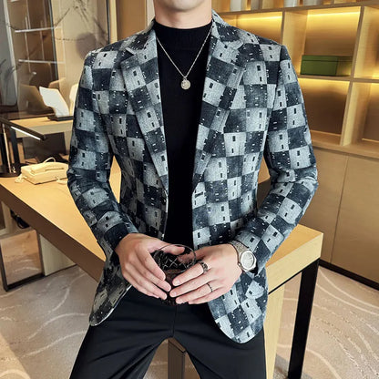 Korean Jacquard Denim Jacket for Men Autumn Winter Casual Business Men Blazers Slim Fit Wedding Social Dress Coat Men Clothing