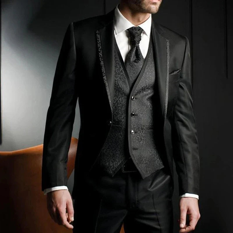 Black Jacquard Slim Fit Wedding suits for Groom 3 Piece Man Fashion Suits Jacket Waistcoat with Pants Notched Lapel Male jacket