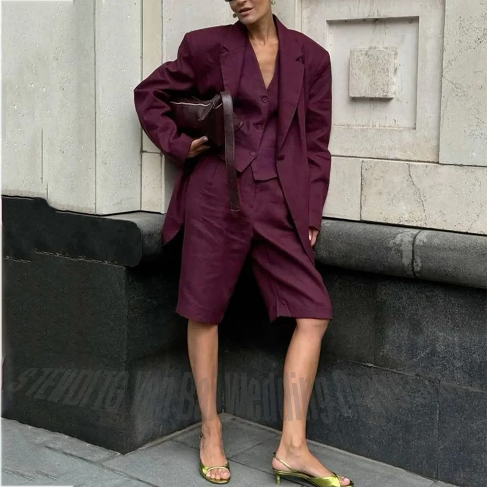 Burgundy Linen Women 3 Piece Suit Oversized Blazer Vest Knee Length Shorts Streetwear Office Party Prom Daily Casual Outfit