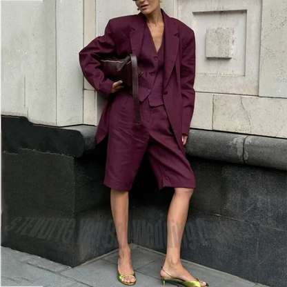 Burgundy Linen Women 3 Piece Suit Oversized Blazer Vest Knee Length Shorts Streetwear Office Party Prom Daily Casual Outfit
