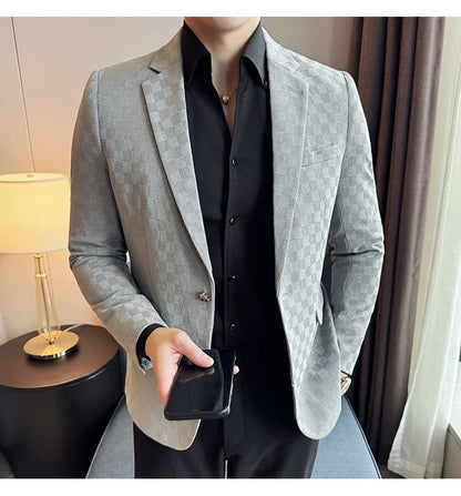 2024 Spring Plaid Blazers Men Single Breasted Casual Business Suit Jacket Fashion Slim Social Banquet Wedding Groom Dress Coats