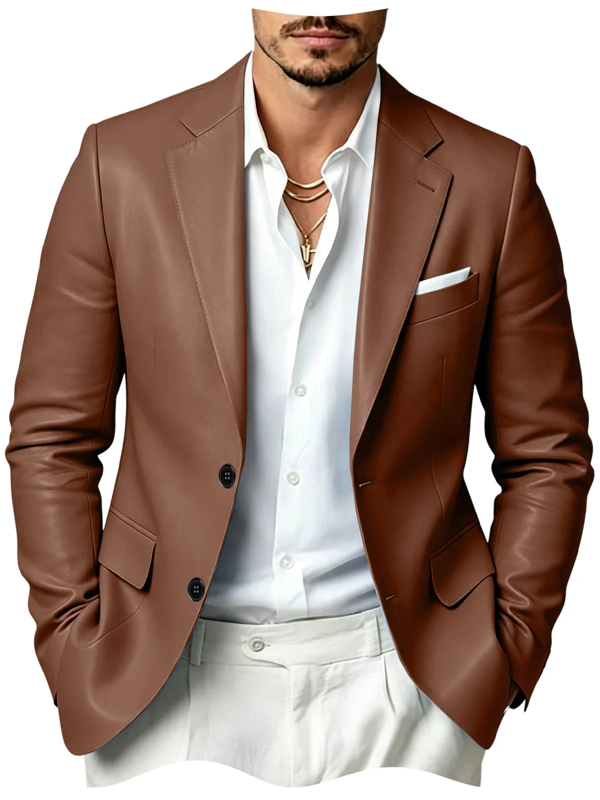 Men's Faux Leather Blazer Slim Fit 2 Button Notched Lapel Suit Jacket Business Formal Leather Sport Coat For Wedding Party