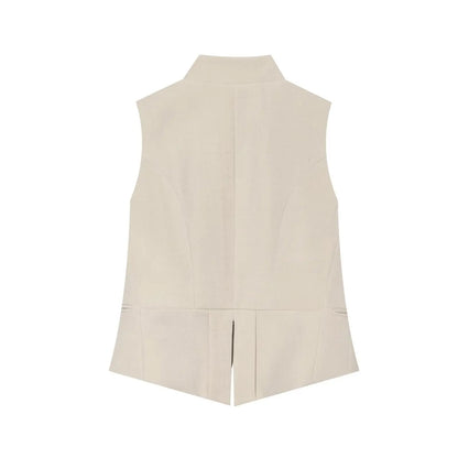 2026 Elegant Office Women Sleeveless Waistcoat Lapel Double Breasted Metal Gold Button Flap Pockets Slim Business Suit Vest