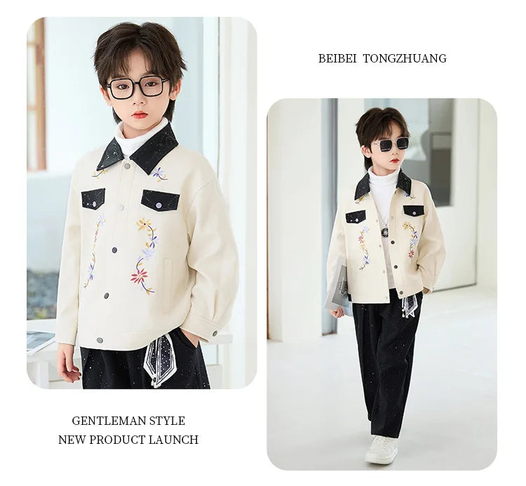 2026 New Autumn Winter Boys' Embroidered Suit Set 90-170 Children's Casual Jackets Pants 2Pieces Clothing Set