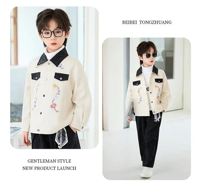 2026 New Autumn Winter Boys' Embroidered Suit Set 90-170 Children's Casual Jackets Pants 2Pieces Clothing Set