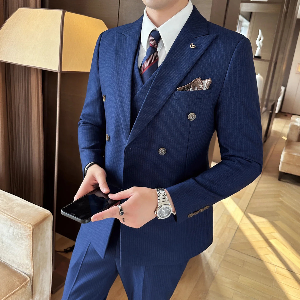Men's Double Breasted Three Piece Wedding Suit – Slim Fit Smart Casual