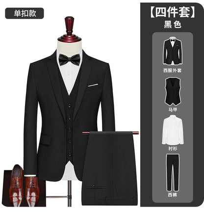 Men's Formal 3-Piece Suit Blazer Vest Trousers Single Breasted Solid Color Wedding Business Wear