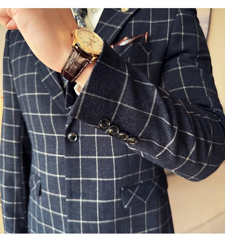 Men's 3-Piece Slim Fit Plaid Suit – Jacket, Vest & Pants for Weddings, Office & Formal Occasions