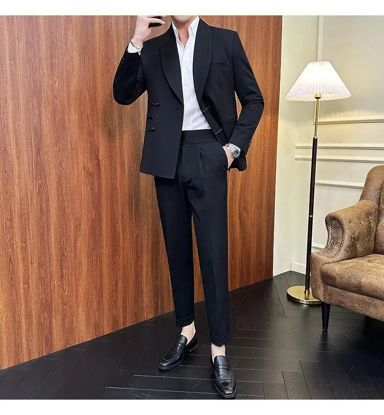 (Jacket+Pants) Vintage Luxury Chinese Style Suit Fashion Men High-end Elegant Business Social Wedding Dress Suit Tuxedo 2Pcs Set