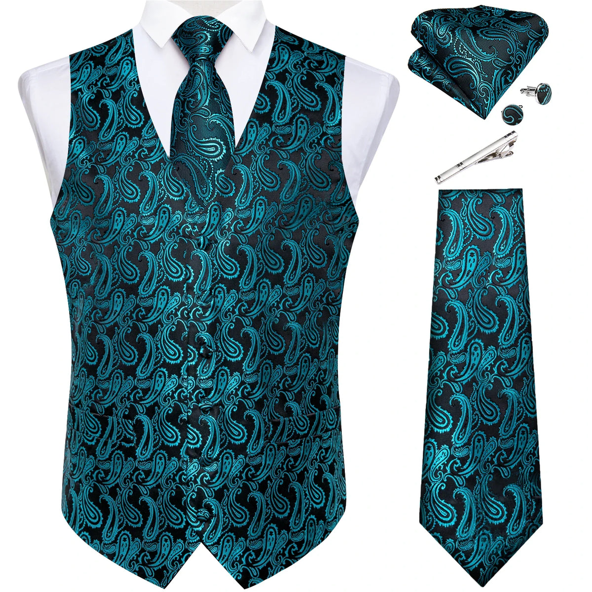 Men's Suit Vest Set with Tie, Handkerchief & Cufflinks for Wedding & Banquet