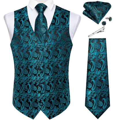 Men's Suit Vest Set with Tie, Handkerchief & Cufflinks for Wedding & Banquet