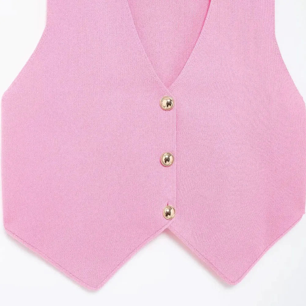 Women's Front Button Crop Knit Vest Sweater, V Neck, Sleeveless, Female Waistcoat, Chic Tops, Fashion