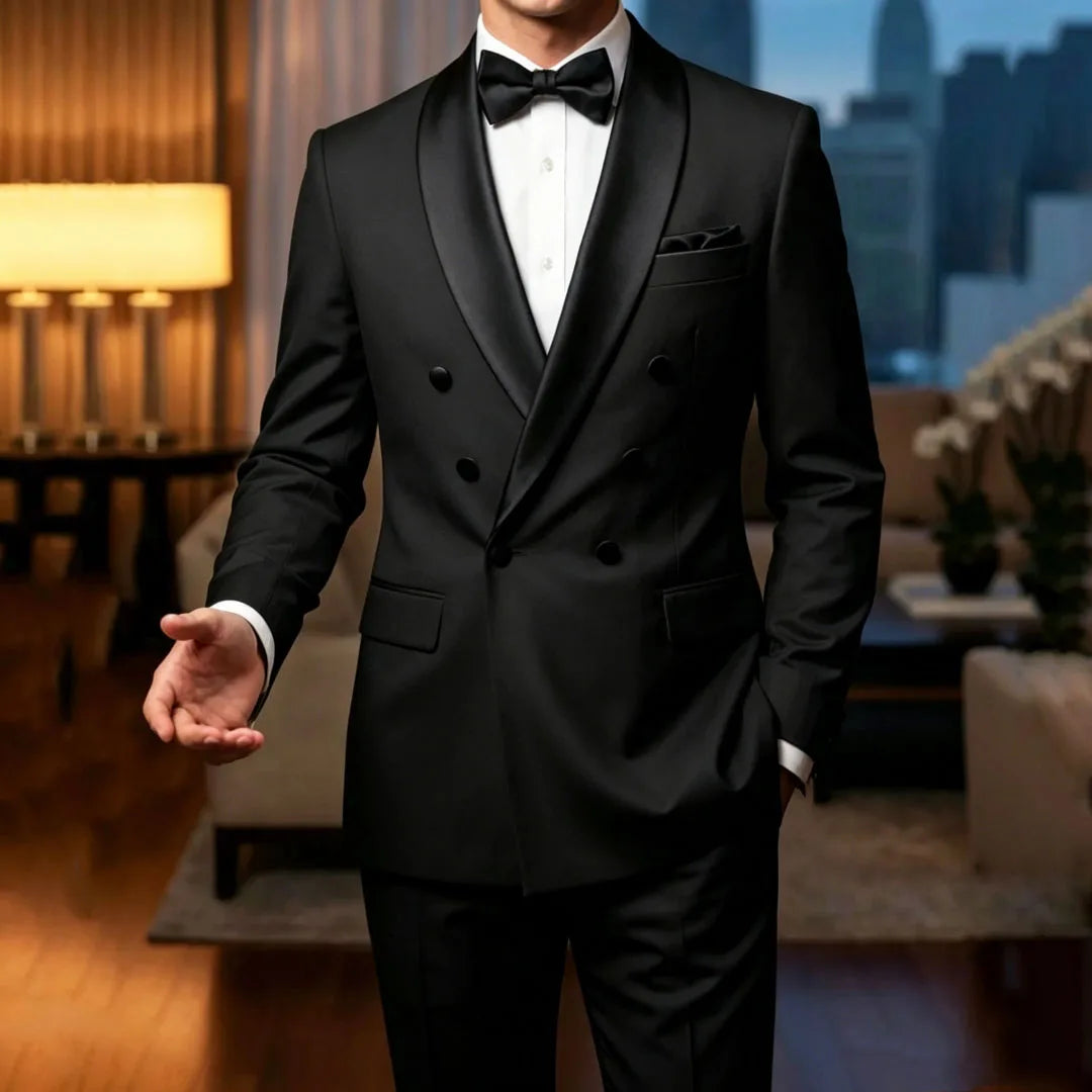 Men Suit White 2 Piece Double Button With Bright Black Lapel For Wedding Birthday Banquet Party Prom Business Work Jacket Pants