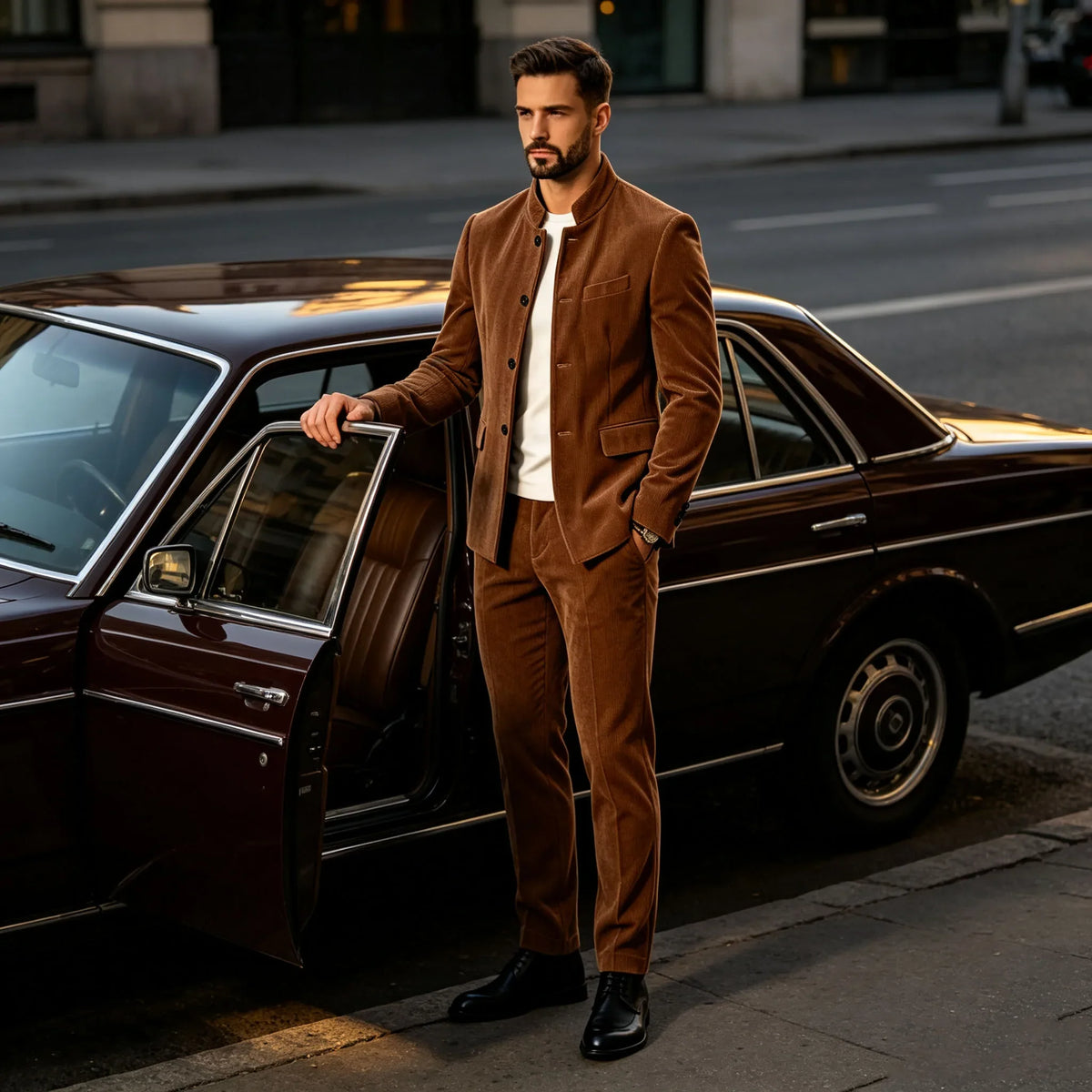 Men's Corduroy 2-Piece Suit – Mandarin Collar Single Breasted Blazer & Pants for Business & Formal Occasions