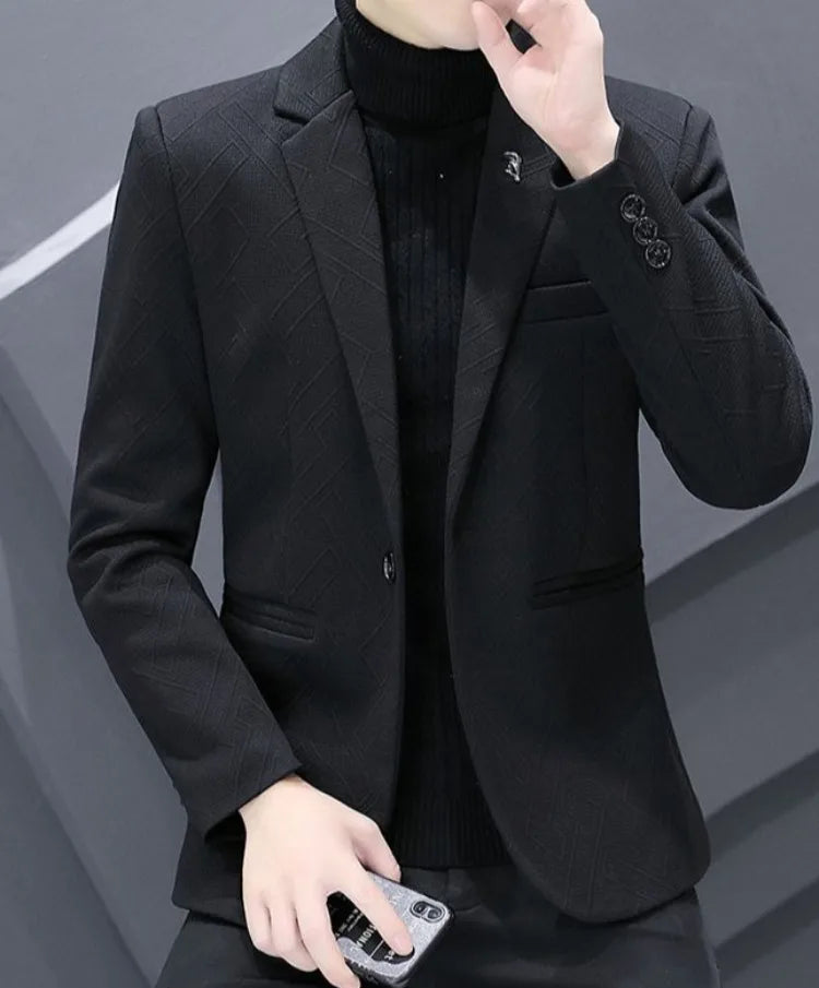 Men's Autumn Winter Fleece-Lined Slim Fit Casual Blazer Korean Style Solid Color Thick Warm Youth Fashion Suit Jacket
